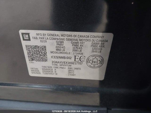 Aukcja sprzedaży 2019 Chevrolet Equinox Lt, vin: 2GNAXVEX1K6217707, numer aukcji: 12703636
