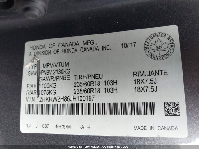 Продажа на аукционе авто 2018 Honda Cr-v Exl, vin: 2HKRW2H86JH100197, номер лота: 12703642