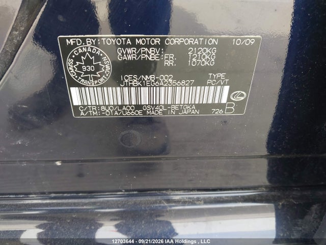 Продажа на аукционе авто 2010 Lexus Es 350 350, vin: JTHBK1EG6A2356827, номер лота: 12703644