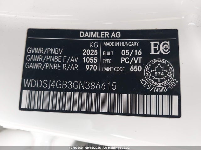 12703660 :رقم المزاد ، WDDSJ4GB3GN386615 vin ، 2016 Mercedes-benz Cla 250 4matic مزاد بيع