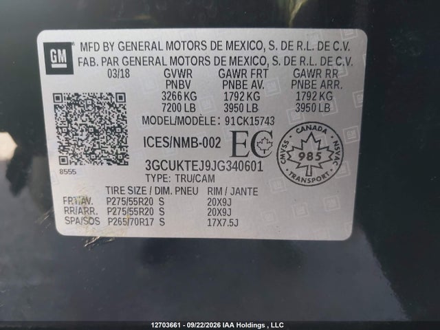 12703661 :رقم المزاد ، 3GCUKTEJ9JG340601 vin ، 2018 Chevrolet Silverado K1500 High Country مزاد بيع