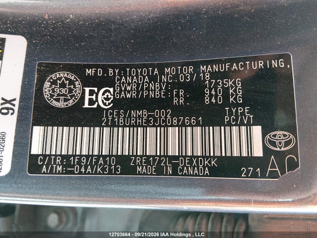 12703664 :رقم المزاد ، 2T1BURHE3JC087661 vin ، 2018 Toyota Corolla Ce مزاد بيع