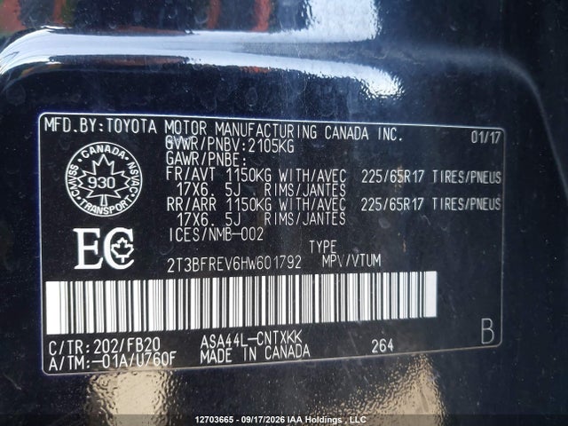 2017 Toyota Rav4 Le მანქანა იყიდება აუქციონზე, vin: 2T3BFREV6HW601792, აუქციონის ნომერი: 12703665