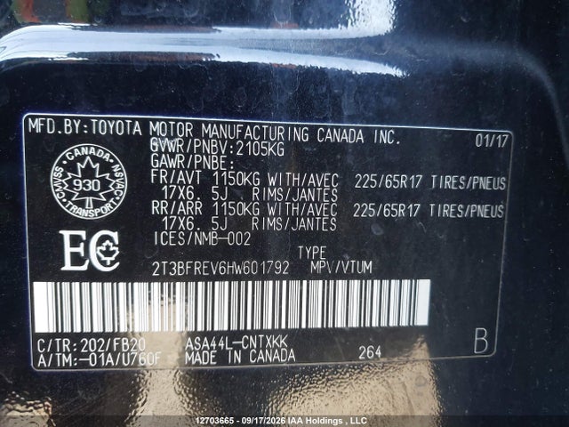 2017 Toyota Rav4 Le მანქანა იყიდება აუქციონზე, vin: 2T3BFREV6HW601792, აუქციონის ნომერი: 12703665