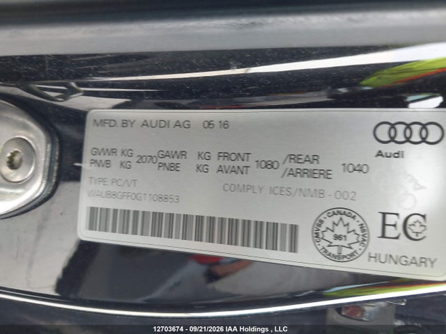 Aukcja sprzedaży 2016 Audi A3 Premium, vin: WAUB8GFF0G1108853, numer aukcji: 12703674