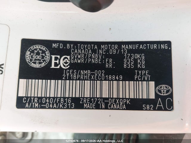 2014 Toyota Corolla Le Eco/le Eco Upgrade მანქანა იყიდება აუქციონზე, vin: 2T1BPRHEXEC018849, აუქციონის ნომერი: 12703676