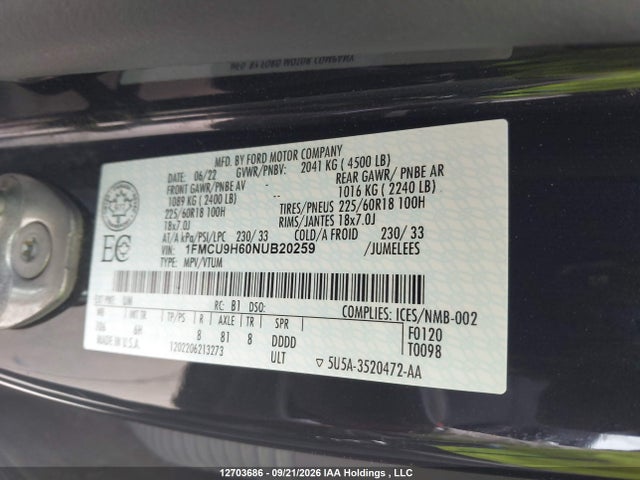 Ford ESCAPE SEL 2022 1FMCU9H60NUB20259 Image 9