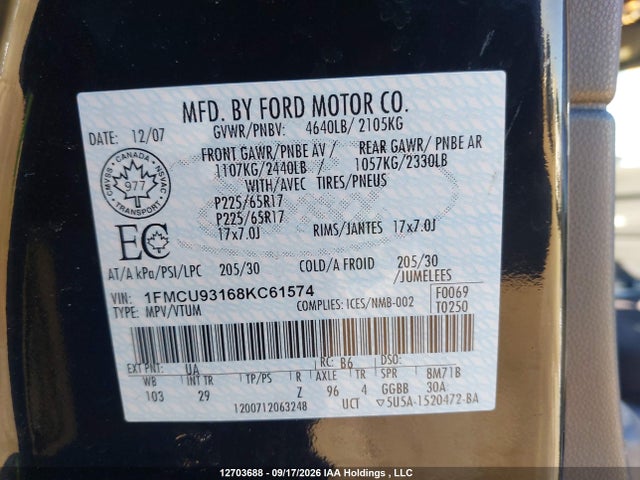 Продаж на аукціоні авто 2008 Ford Escape Xlt, vin: 1FMCU93168KC61574, номер лоту: 12703688