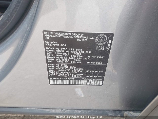 Продажа на аукционе авто 2021 Volkswagen Atlas 3.6 Fsi Execline, vin: 1V2FR2CA2MC572870, номер лота: 12703698