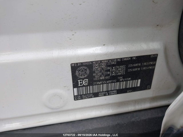 12703722 :رقم المزاد ، 2T3RWRFV5LW087312 vin ، 2020 Toyota Rav4 Hybrid Xle مزاد بيع