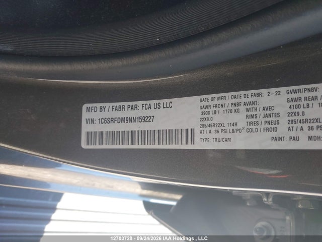 Продажа на аукционе авто 2022 Ram 1500 Laramie, vin: 1C6SRFDM9NN159227, номер лота: 12703728