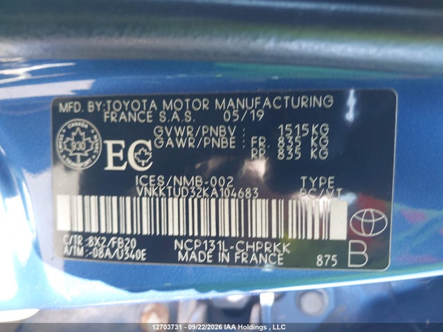 Продаж на аукціоні авто 2019 Toyota Yaris L/le/se, vin: VNKKTUD32KA104683, номер лоту: 12703731