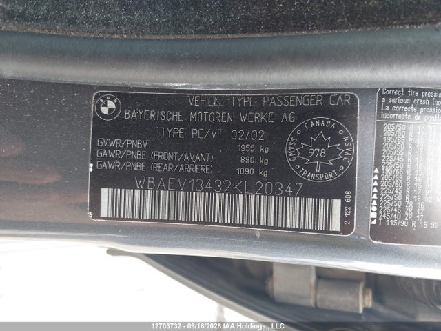Aukcja sprzedaży 2002 Bmw 320 I, vin: WBAEV13432KL20347, numer aukcji: 12703732