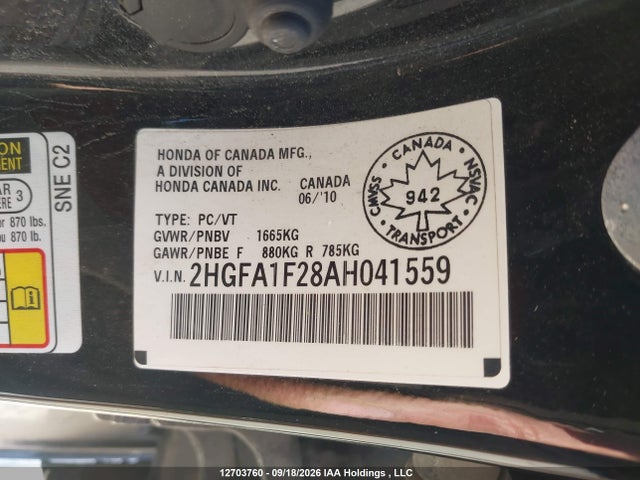 Auction sale of the 2010 Honda Civic Dx/dx-a, vin: 2HGFA1F28AH041559, lot number: 12703760