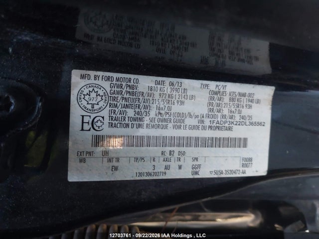 12703761 :رقم المزاد ، 1FADP3K22DL365562 vin ، 2013 Ford Focus مزاد بيع