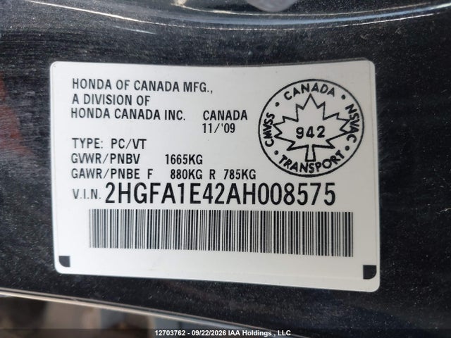 Aukcja sprzedaży 2010 Honda Civic Dx-g, vin: 2HGFA1E42AH008575, numer aukcji: 12703762