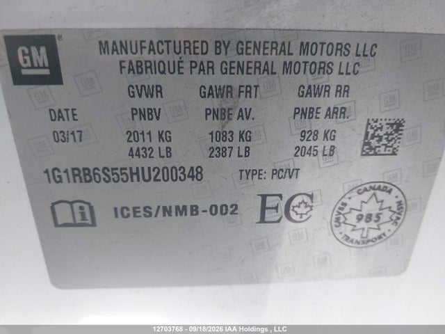 2017 Chevrolet Volt Premier მანქანა იყიდება აუქციონზე, vin: 1G1RB6S55HU200348, აუქციონის ნომერი: 12703768