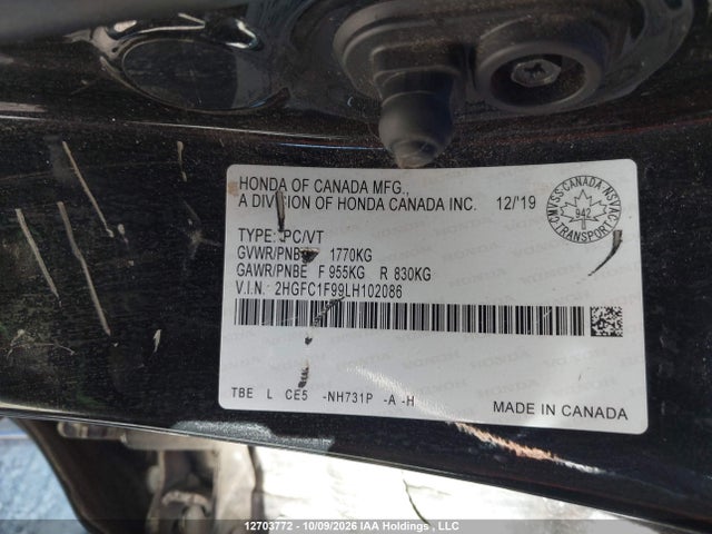 2020 Honda Civic Touring მანქანა იყიდება აუქციონზე, vin: 2HGFC1F99LH102086, აუქციონის ნომერი: 12703772