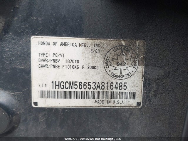 Aukcja sprzedaży 2003 Honda Accord Ex-l, vin: 1HGCM56653A816485, numer aukcji: 12703773