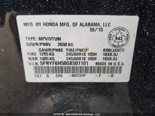 Honda PILOT EXL 2016 5FNYF6H50GB501101 Image 9