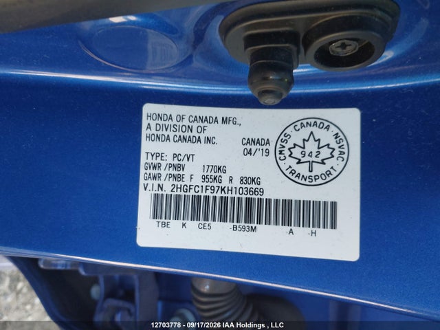 Honda Civic Touring 2019 2HGFC1F97KH103669 Image 19