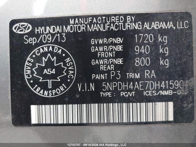 12703787 :رقم المزاد ، 5NPDH4AE7DH415904 vin ، 2013 Hyundai Elantra Gls/limited مزاد بيع