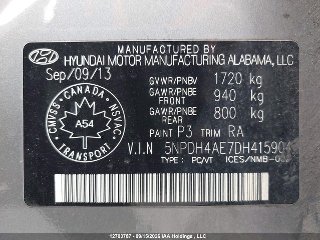 12703787 :رقم المزاد ، 5NPDH4AE7DH415904 vin ، 2013 Hyundai Elantra Gls/limited مزاد بيع