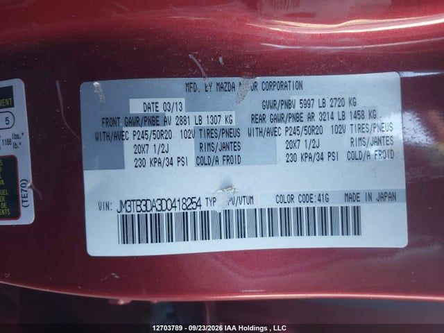 2013 Mazda Cx-9 Gt მანქანა იყიდება აუქციონზე, vin: JM3TB3DA3D0418254, აუქციონის ნომერი: 12703789