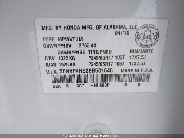 Продаж на аукціоні авто 2011 Honda Pilot Exl, vin: 5FNYF4H52BB501646, номер лоту: 12703790