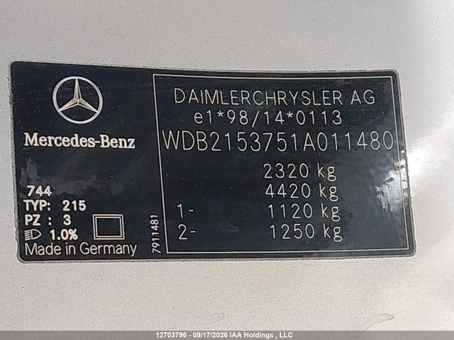 Aukcja sprzedaży 2001 Mercedes-benz Cl 500, vin: WDB2153751A011480, numer aukcji: 12703796