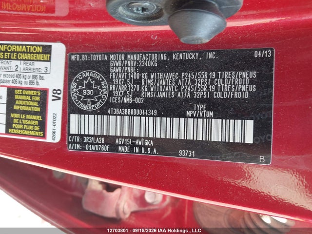 12703801 :رقم المزاد ، 4T3BA3BB8DU044349 vin ، 2013 Toyota Venza Le/xle مزاد بيع