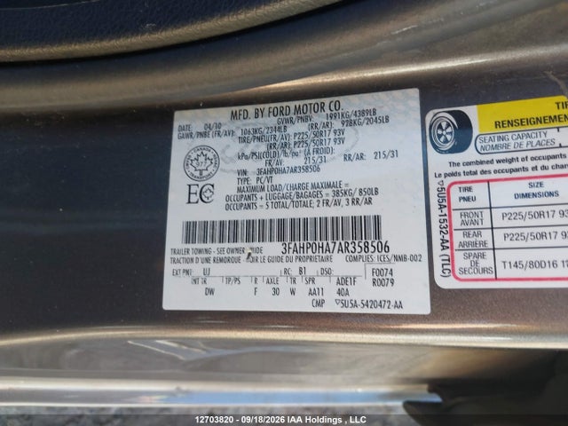 Продаж на аукціоні авто 2010 Ford Fusion Se, vin: 3FAHP0HA7AR358506, номер лоту: 12703820