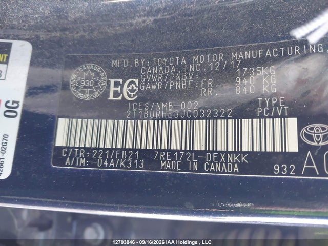 2T1BURHE3JC032322 Toyota Corolla L/le/xle/se/xse