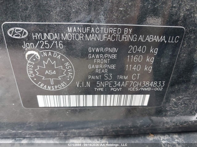 12703884 :رقم المزاد ، 5NPE34AF7GH384833 vin ، 2016 Hyundai Sonata Sport/limited مزاد بيع