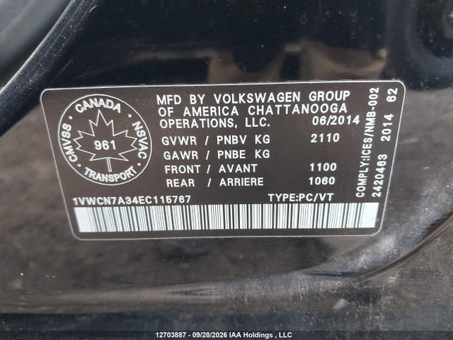 Volkswagen PASSAT SEL 2014 1VWCN7A34EC115767 Image 9