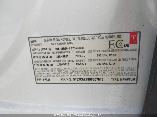 Auction sale of the 2016 Tesla Model X 60d/70d/75d/90d, vin: 5YJXCAE29GF007613, lot number: 12703894