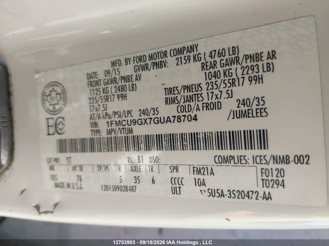 Ford ESCAPE SE 2016 1FMCU9GX7GUA78704 Image 9