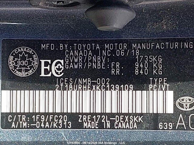 Продаж на аукціоні авто 2019 Toyota Corolla L/le/xle/se/xse, vin: 2T1BURHEXKC139109, номер лоту: 12703904