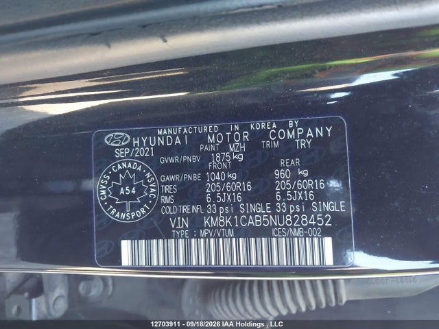 12703911 :رقم المزاد ، KM8K1CAB5NU828452 vin ، 2022 Hyundai Kona Se مزاد بيع