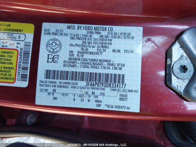 Продажа на аукционе авто 2013 Ford Fusion Se, vin: 3FA6P0T93DR334177, номер лота: 12703913