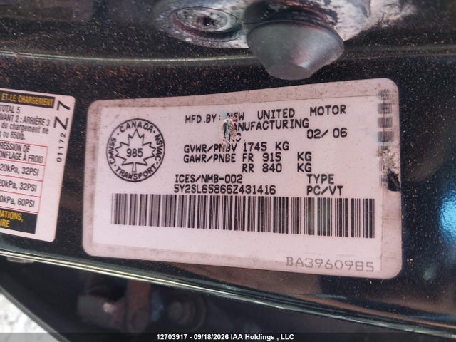 12703917 :رقم المزاد ، 5Y2SL65866Z431416 vin ، 2006 Pontiac Vibe مزاد بيع
