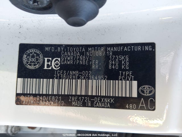 Продаж на аукціоні авто 2019 Toyota Corolla L/le/xle/se/xse, vin: 2T1BURHE3KC164952, номер лоту: 12703935