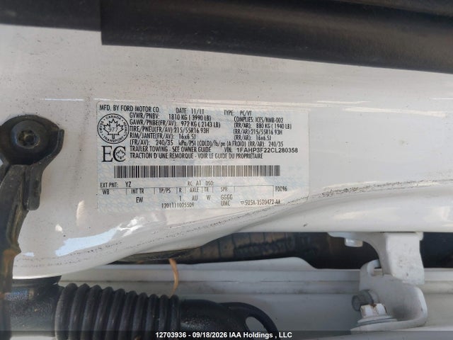 12703936 :رقم المزاد ، 1FAHP3F22CL280358 vin ، 2012 Ford Focus Se مزاد بيع