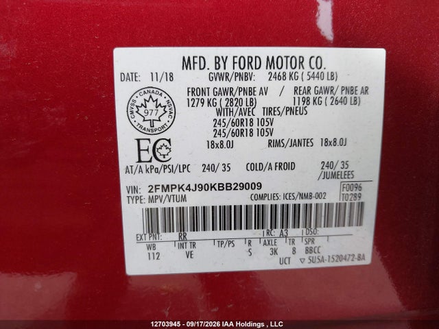 12703945 :رقم المزاد ، 2FMPK4J90KBB29009 vin ، 2019 Ford Edge Sel مزاد بيع
