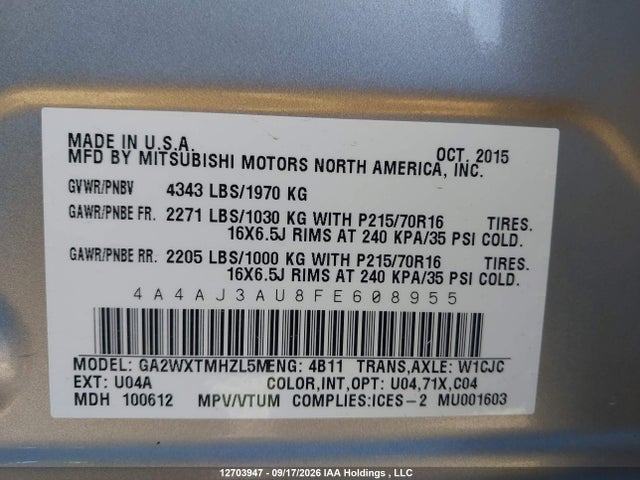 4A4AJ3AU8FE608955 Mitsubishi RVR SE