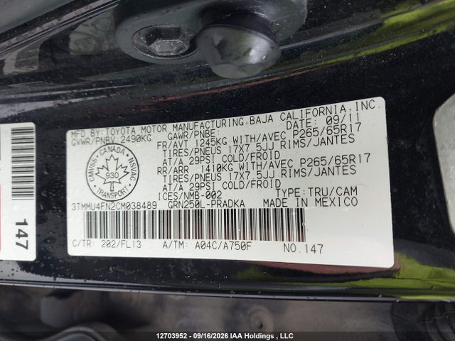 Aukcja sprzedaży 2012 Toyota Tacoma V6, vin: 3TMMU4FN2CM038489, numer aukcji: 12703952