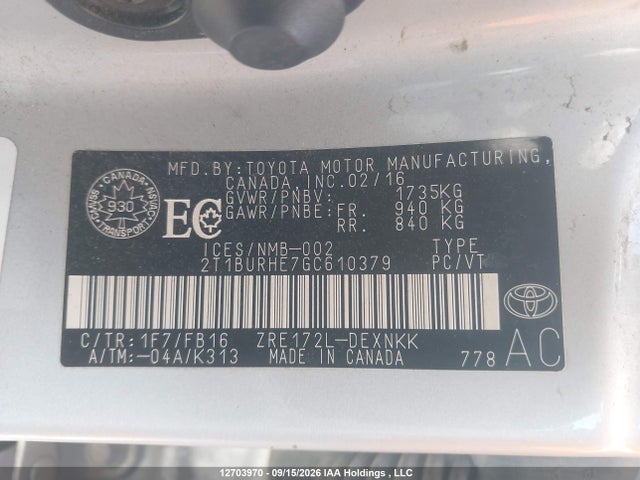 Продаж на аукціоні авто 2016 Toyota Corolla, vin: 2T1BURHE7GC610379, номер лоту: 12703970