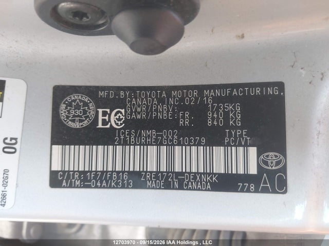 Продаж на аукціоні авто 2016 Toyota Corolla, vin: 2T1BURHE7GC610379, номер лоту: 12703970