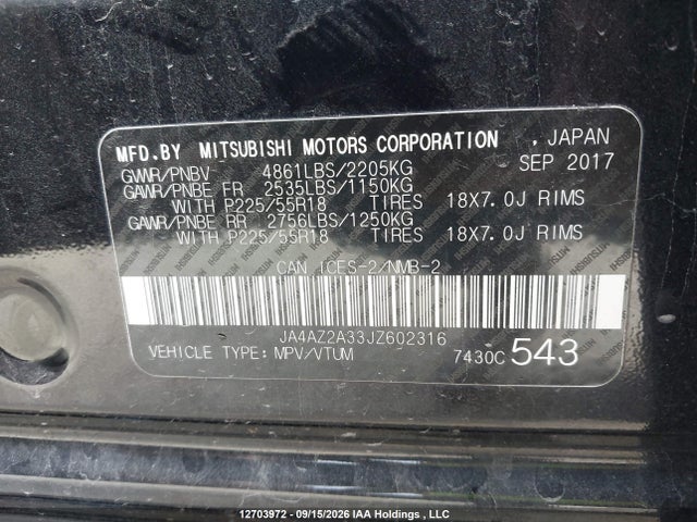 Aukcja sprzedaży 2018 Mitsubishi Outlander Es, vin: JA4AZ2A33JZ602316, numer aukcji: 12703972
