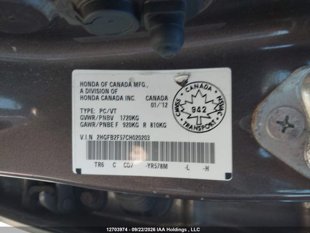 Aukcja sprzedaży 2012 Honda Civic, vin: 2HGFB2F57CH020203, numer aukcji: 12703974